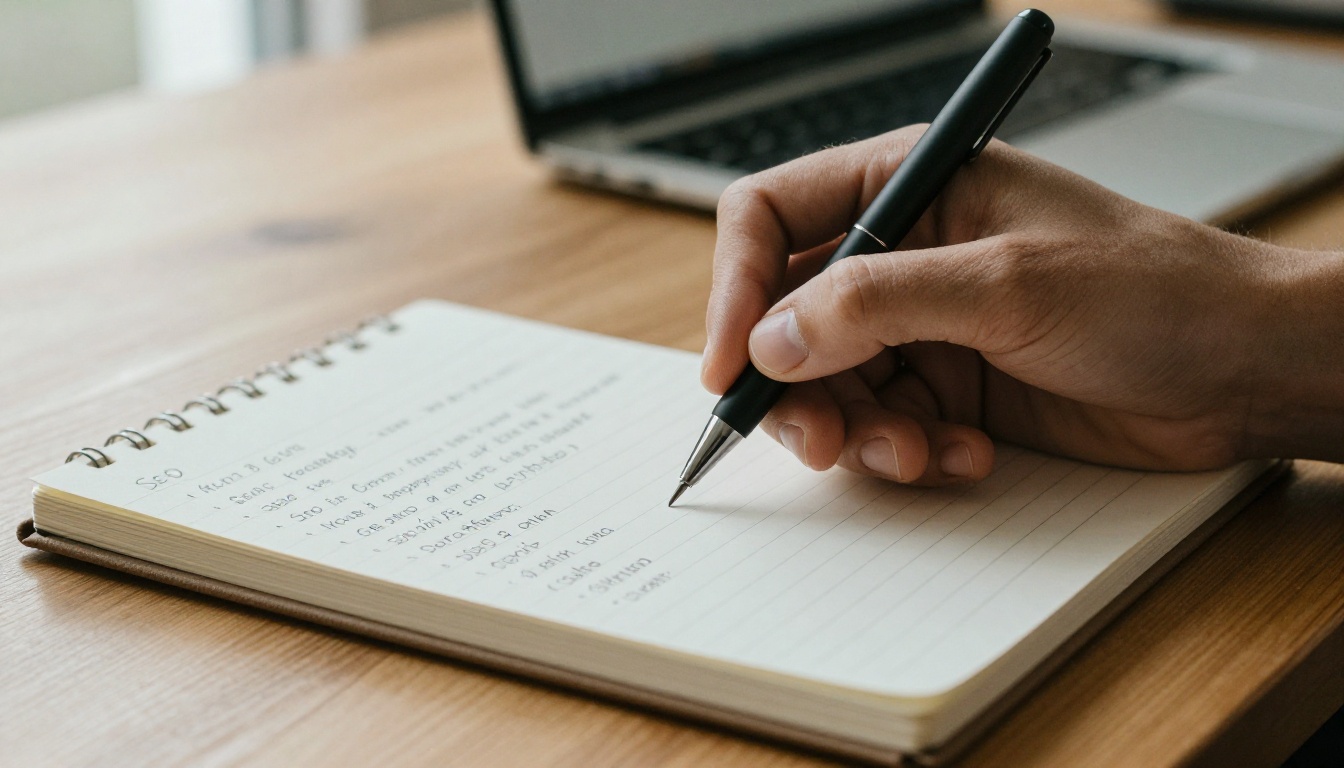 Close-up of hands writing SEO strategy notes on a notepad Close-up of hands writing SEO strategy notes on a notepad