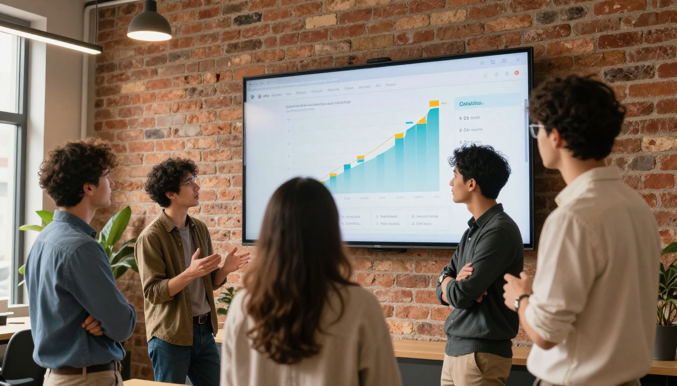 Marketing team reviewing digital publishing performance metrics on a large office screen