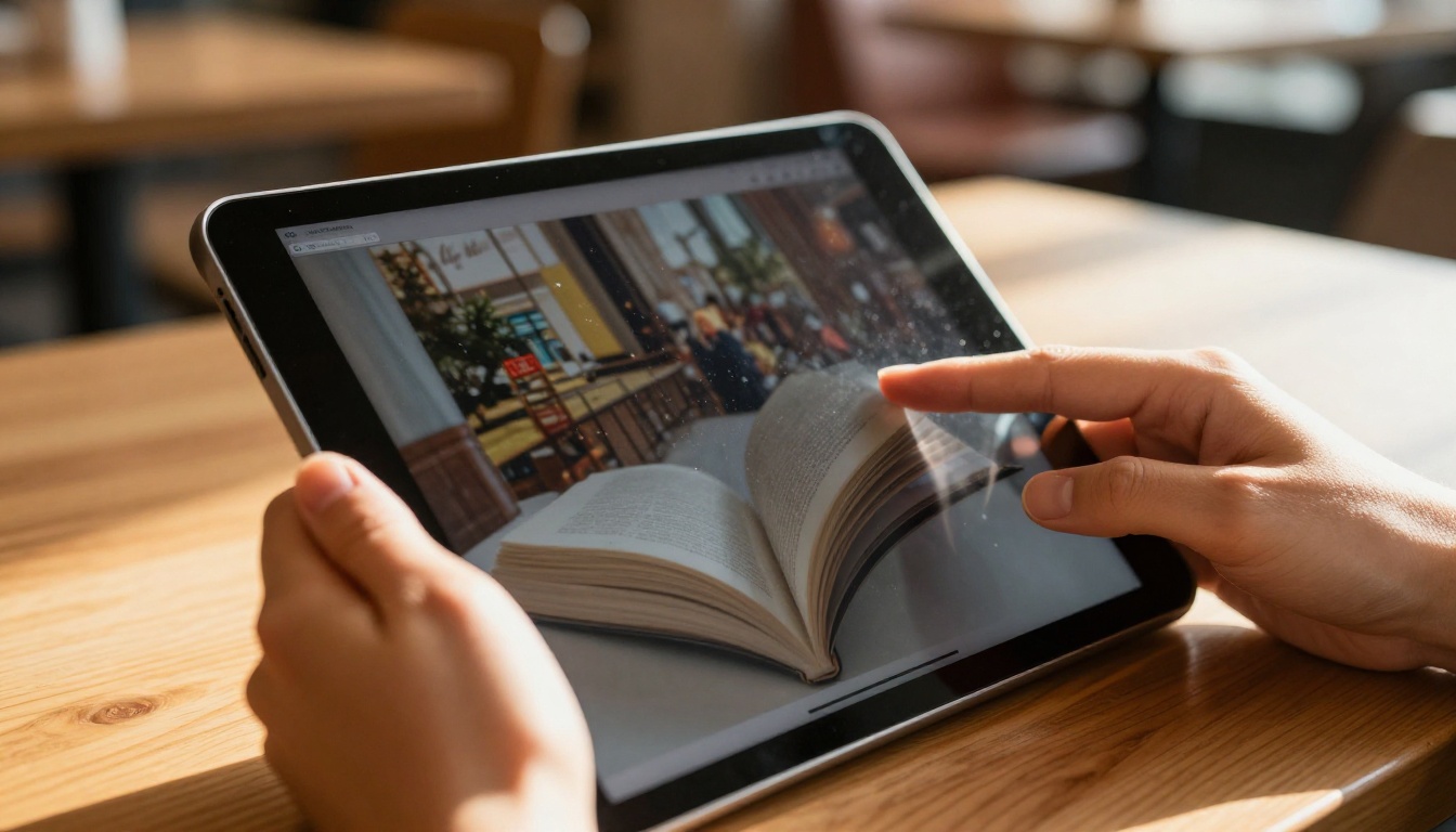 Close-up of hands holding a tablet displaying a flipbook with a page-turn effect at a café