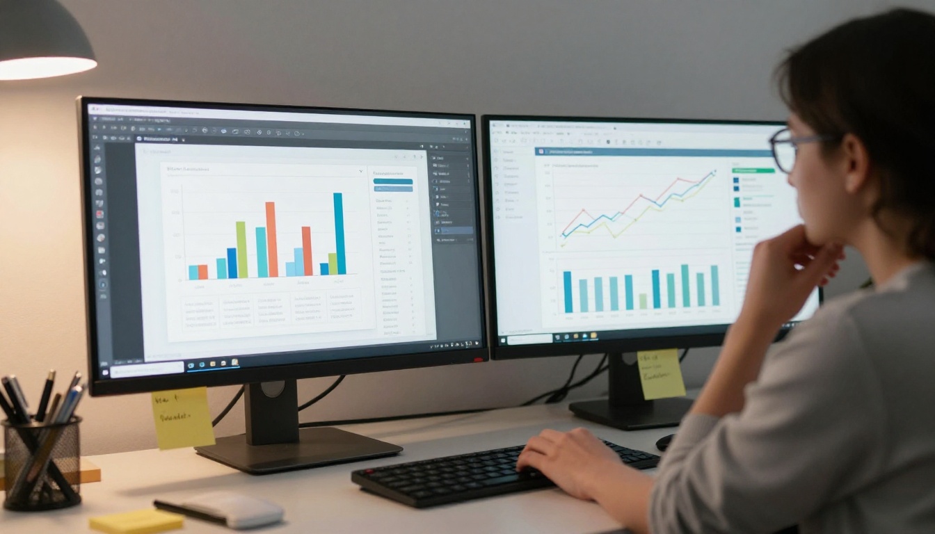 Professional at dual monitor setup with flipbook and analytics dashboard open Professional at dual monitor setup with flipbook and analytics dashboard open