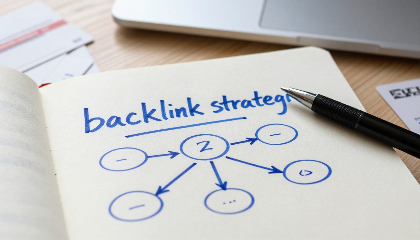 Open notebook with backlink strategy mind map on an oak desk Open notebook with backlink strategy mind map on an oak desk