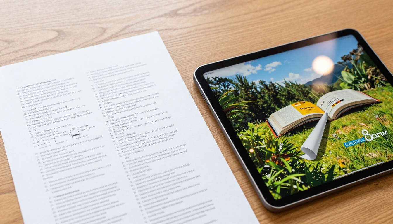 PDF document beside a vibrant digital flipbook on conference table