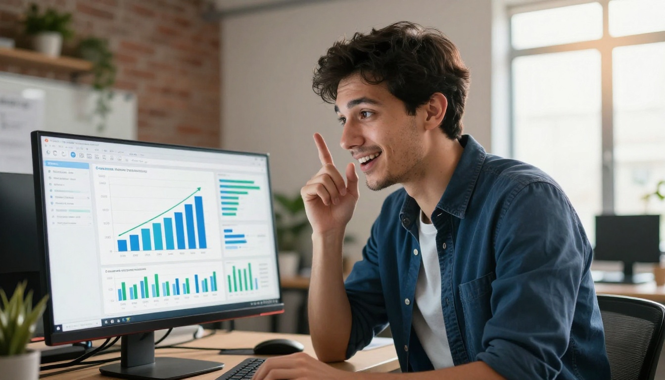 Data analyst reviewing click-through rate analytics on ultrawide monitor