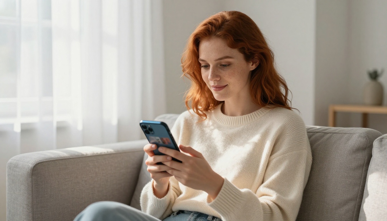 Woman on modern sofa engaged with smartphone showing digital catalog