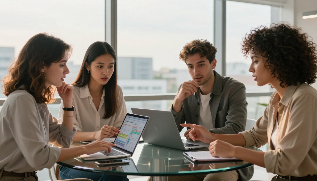 Marketing team reviewing content strategy at glass conference table