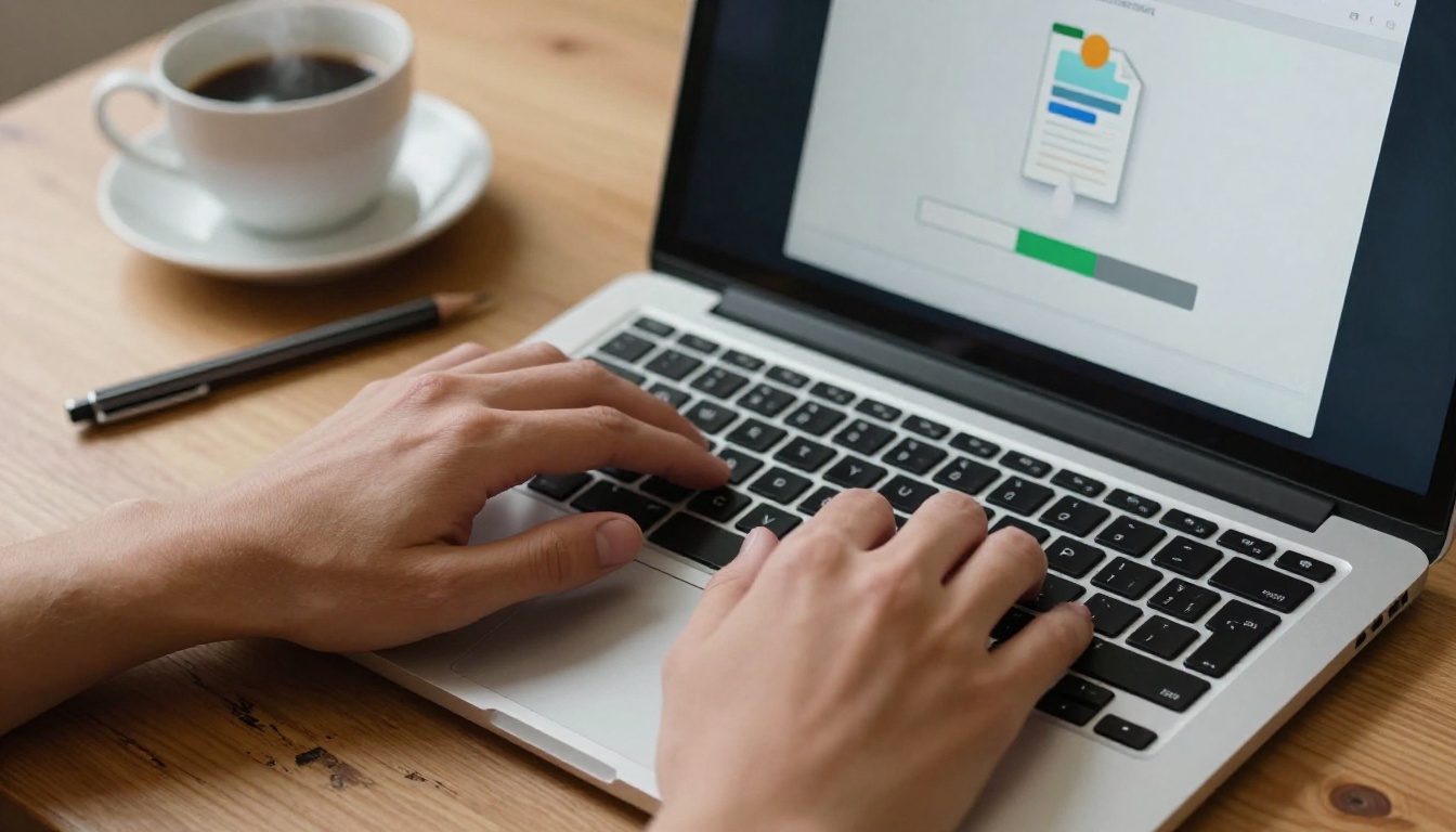 Person's hands uploading PDF document on laptop with light oak desk