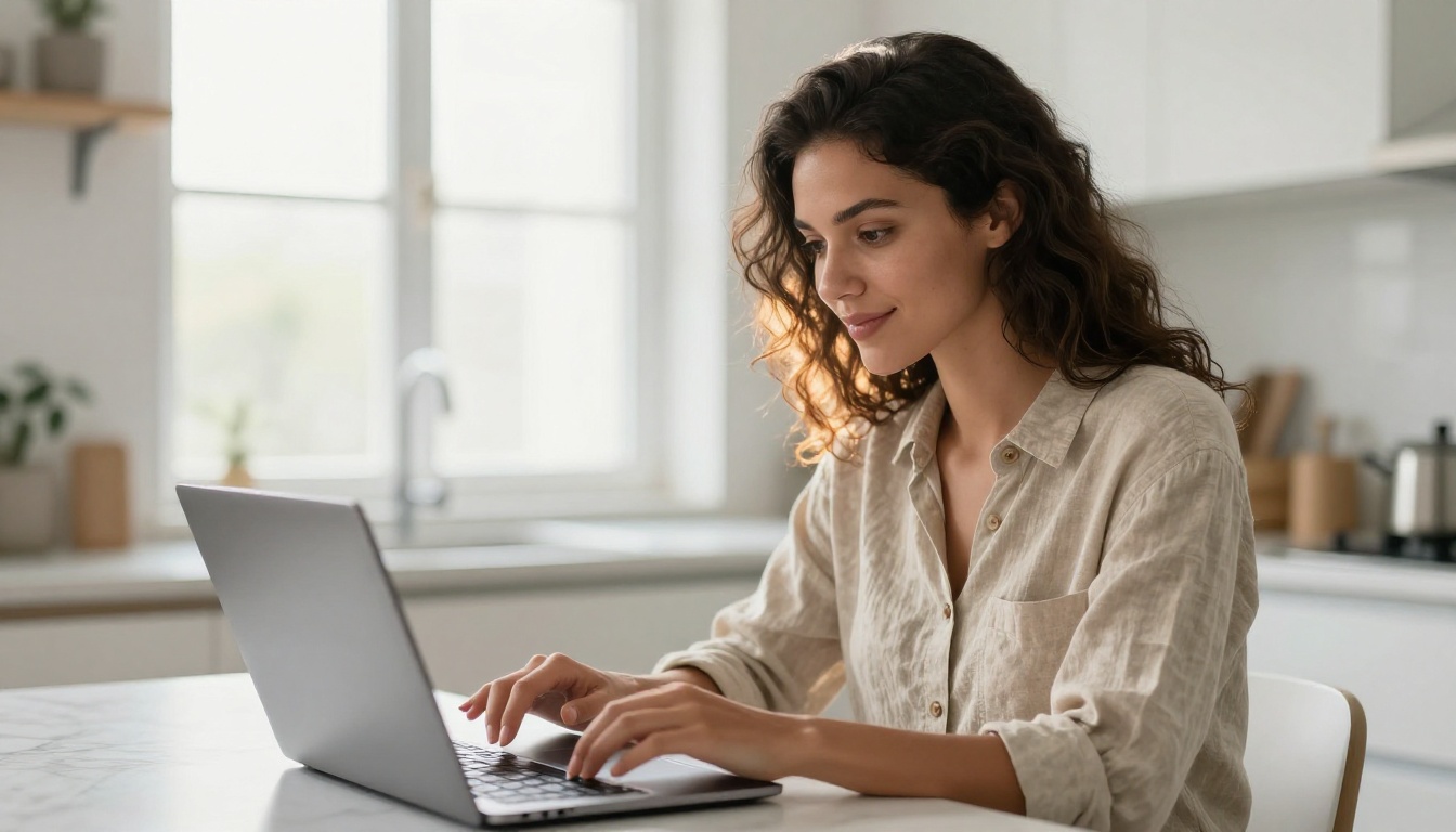 Woman browsing colorful digital product catalog on laptop in bright kitchen