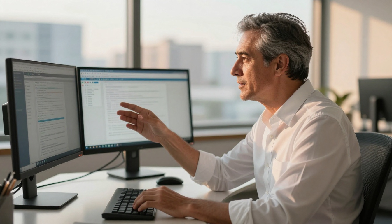 Business professional gesturing toward dual monitor showing document sharing interface