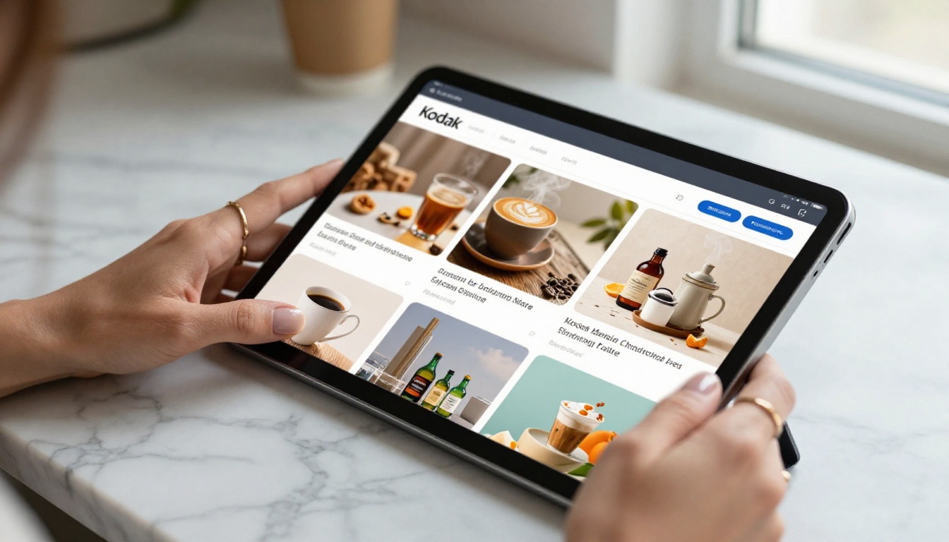 A woman scrolling through a digital interactive flipbook on a tablet with coffee nearby A woman scrolling through a digital interactive flipbook on a tablet with coffee nearby