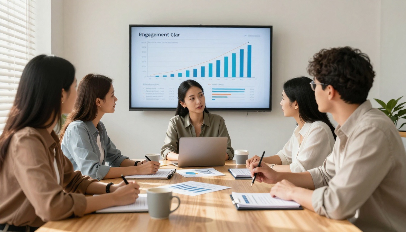 Marketing professionals reviewing performance metrics on a conference room screen Marketing professionals reviewing performance metrics on a conference room screen
