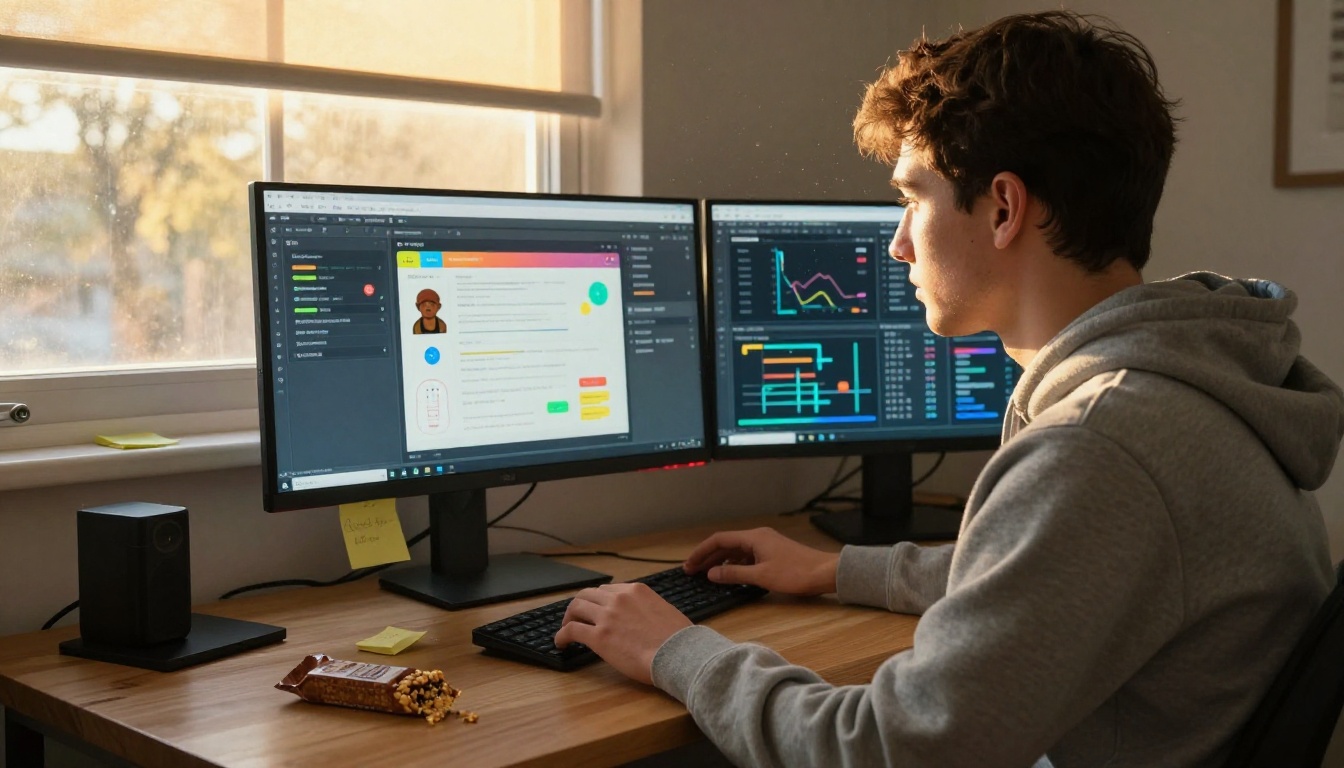 A content creator building an interactive quiz on dual monitors in a home office A content creator building an interactive quiz on dual monitors in a home office