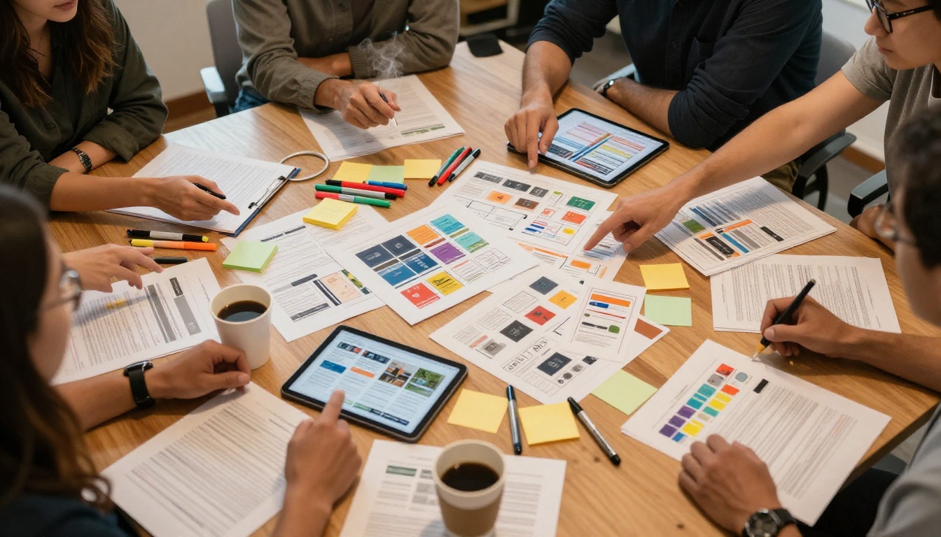 Aerial view of a marketing team brainstorming with documents and tablets on a large table Aerial view of a marketing team brainstorming with documents and tablets on a large table