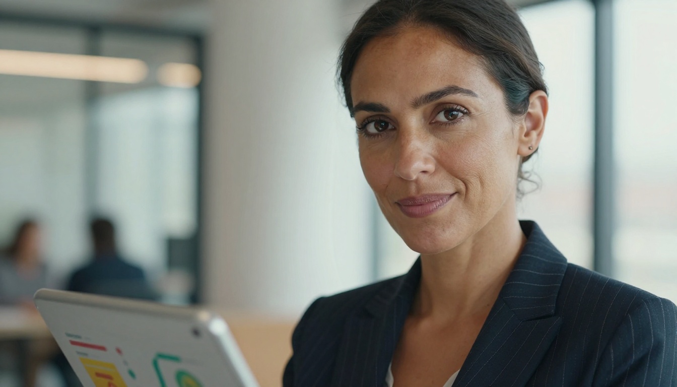 A brand manager with a tablet showing performance metrics, portrait with warm bokeh background A brand manager with a tablet showing performance metrics, portrait with warm bokeh background