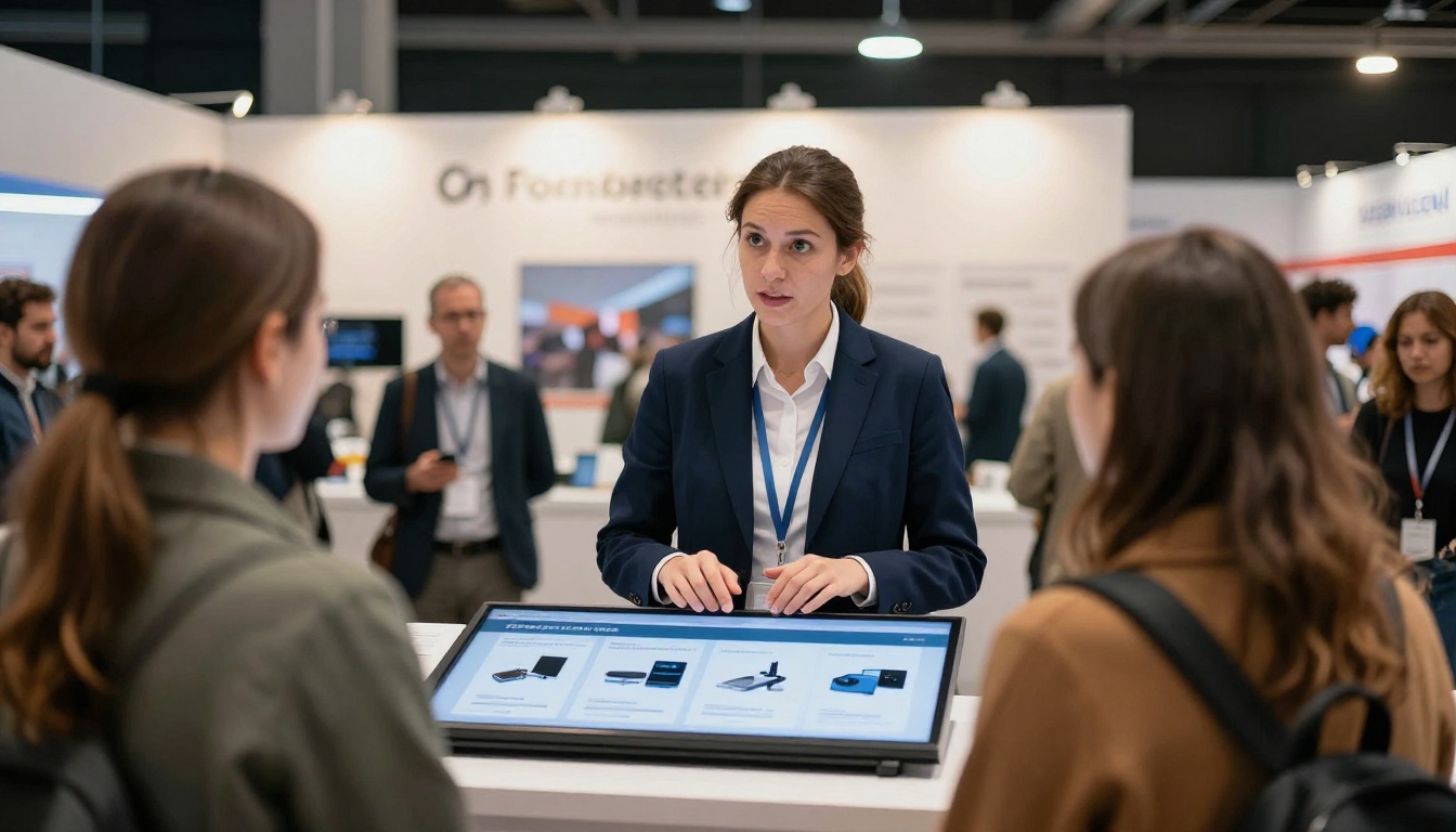A sales rep presenting an interactive digital catalog on a touchscreen at a trade show booth A sales rep presenting an interactive digital catalog on a touchscreen at a trade show booth