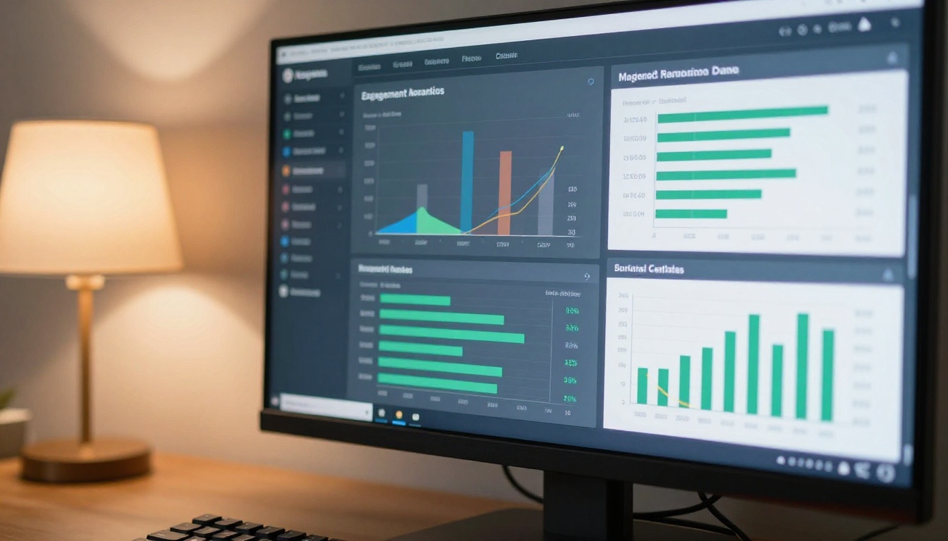 A marketing analytics dashboard on a monitor showing click-through rate and interaction data A marketing analytics dashboard on a monitor showing click-through rate and interaction data