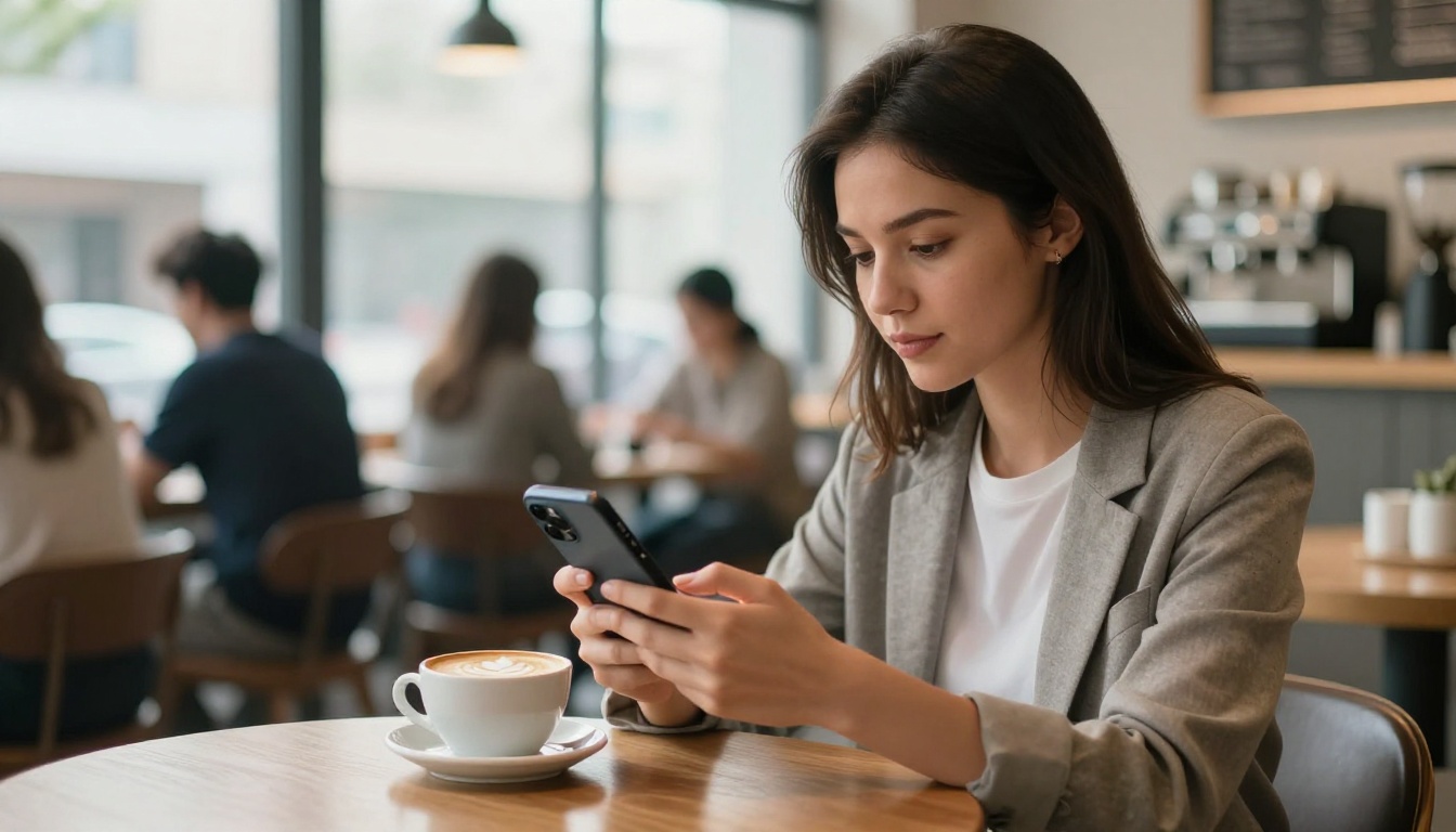 A young woman browsing a digital fashion lookbook on her phone in a bright modern cafe A young woman browsing a digital fashion lookbook on her phone in a bright modern cafe