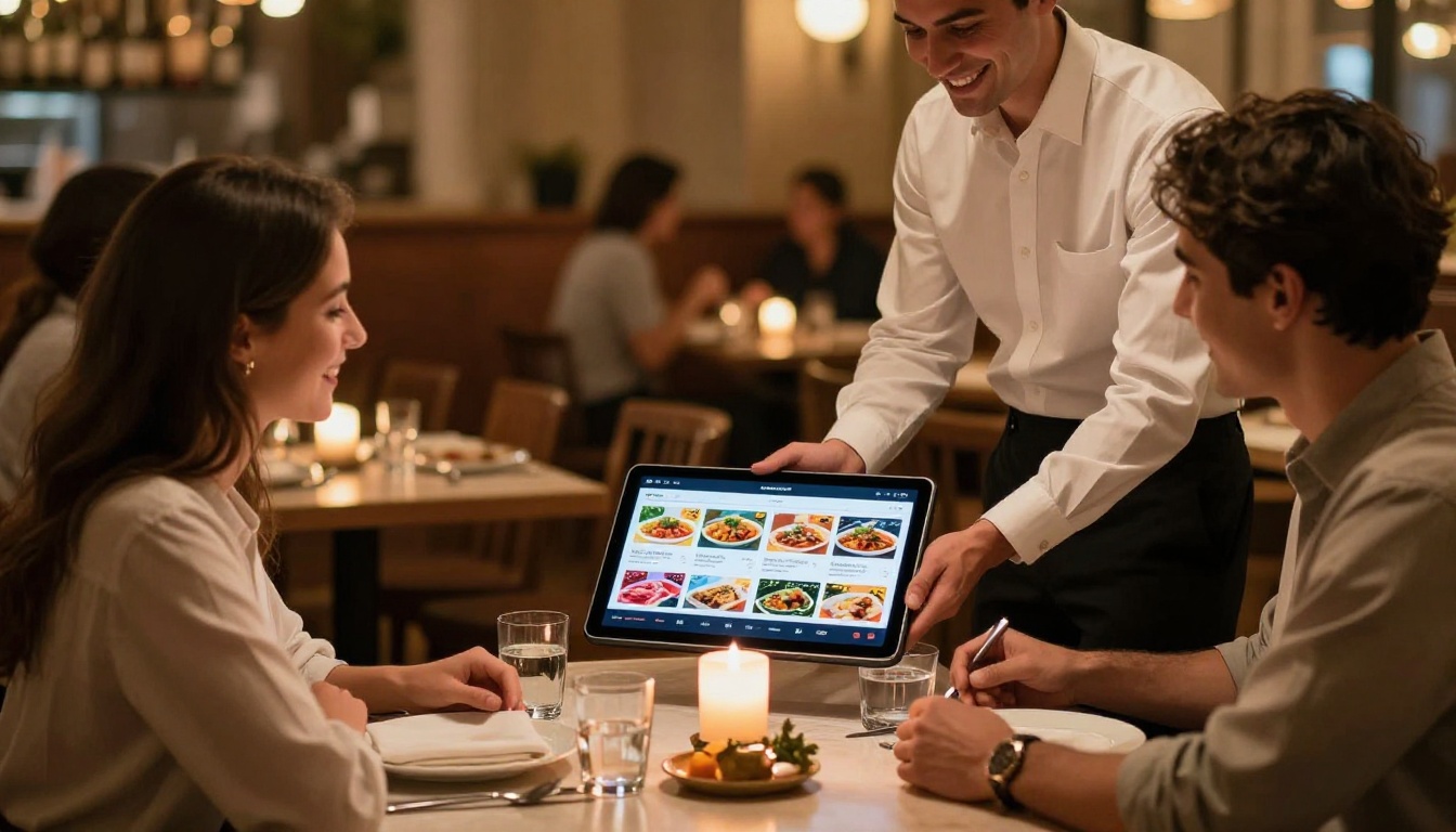 A smiling waiter presenting a digital menu flipbook on a tablet to a couple at a candlelit restaurant table, warm amber lighting A smiling waiter presenting a digital menu flipbook on a tablet to a couple at a candlelit restaurant table, warm amber lighting