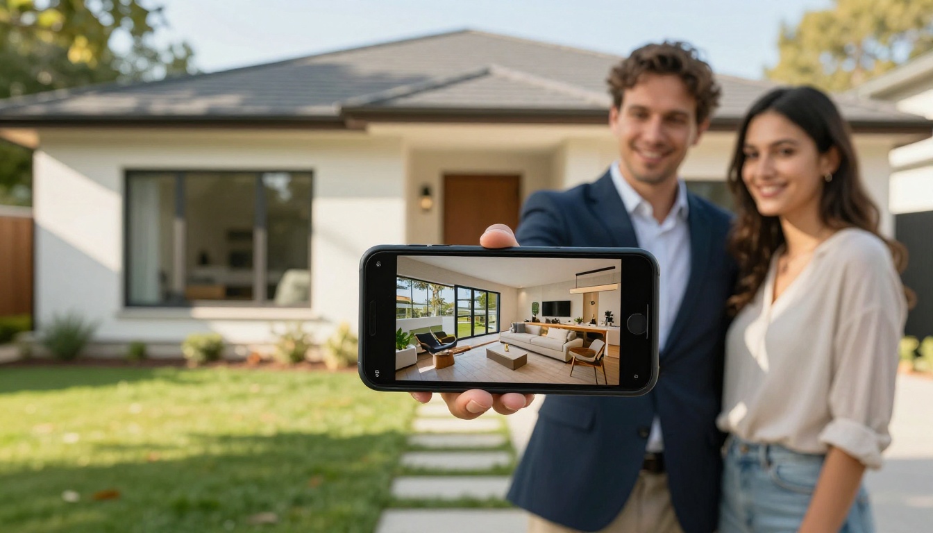 A real estate agent showing a property flipbook on a smartphone to a smiling couple standing outside a modern house, natural outdoor daylight A real estate agent showing a property flipbook on a smartphone to a smiling couple standing outside a modern house, natural outdoor daylight