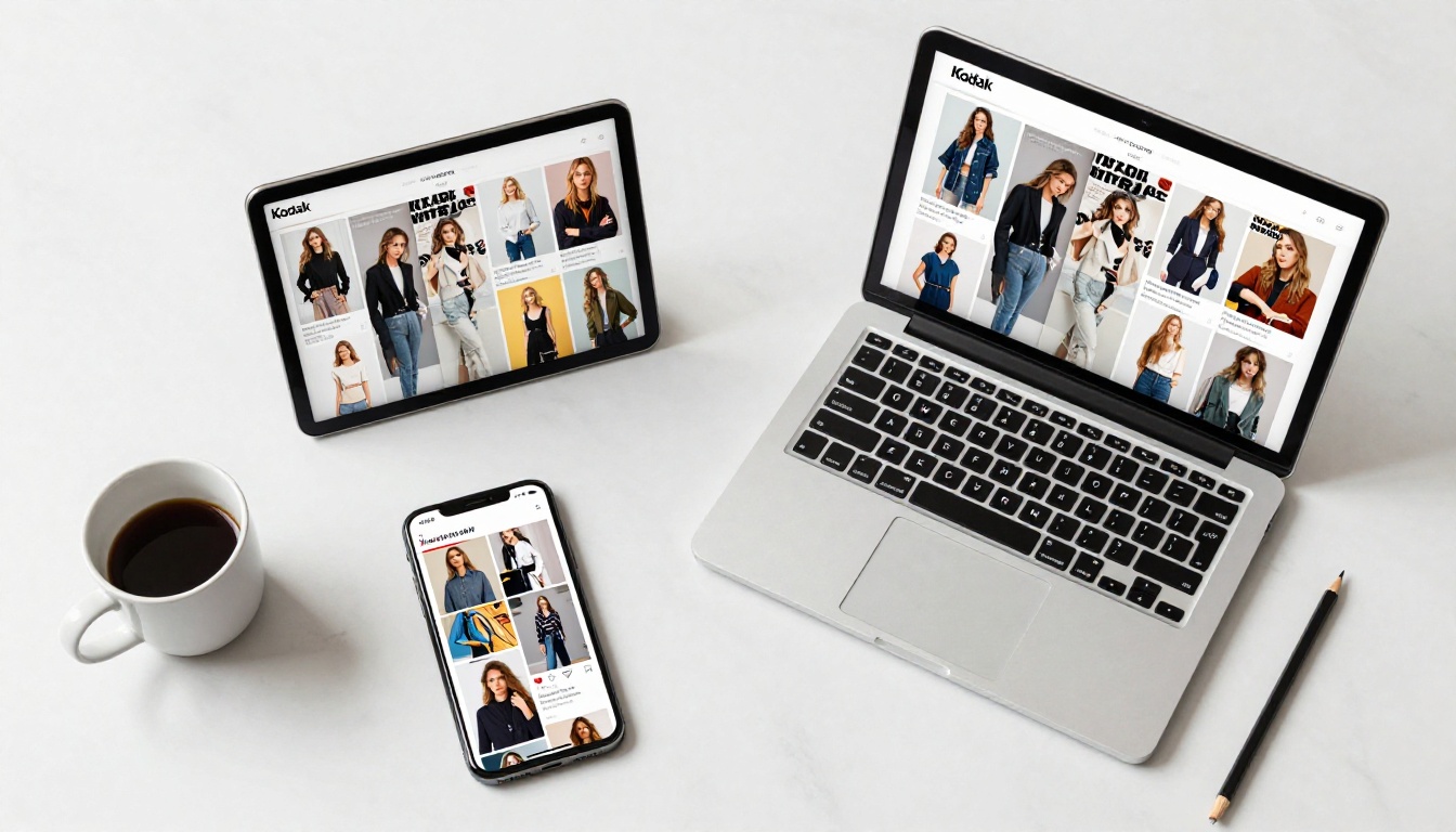 Overhead flat-lay of a smartphone, tablet, and laptop all displaying the same flipbook content on a clean white marble desk Overhead flat-lay of a smartphone, tablet, and laptop all displaying the same flipbook content on a clean white marble desk
