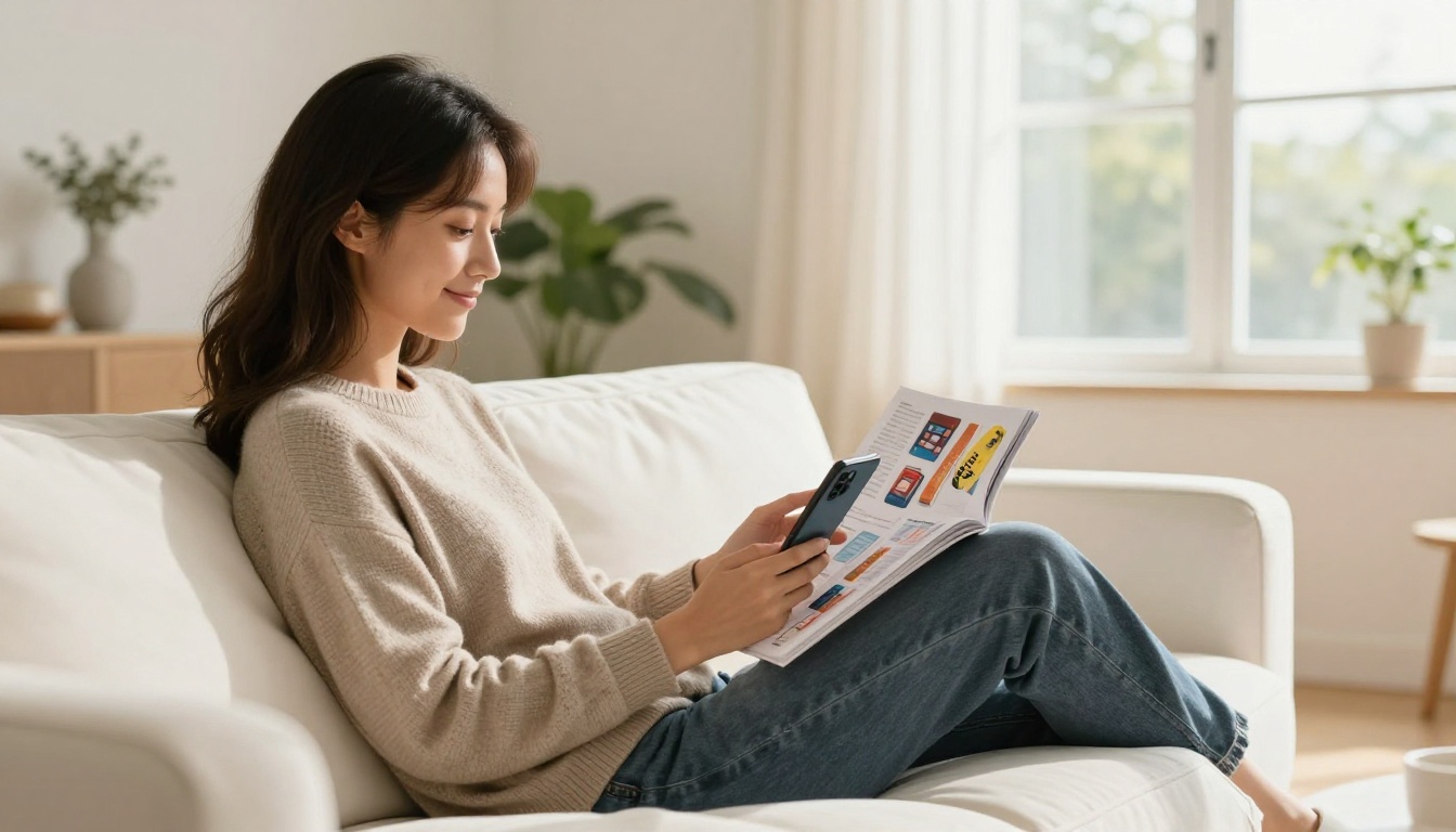 A stylish woman relaxing on a white sofa browsing a product catalog flipbook on her smartphone, warm natural apartment light A stylish woman relaxing on a white sofa browsing a product catalog flipbook on her smartphone, warm natural apartment light