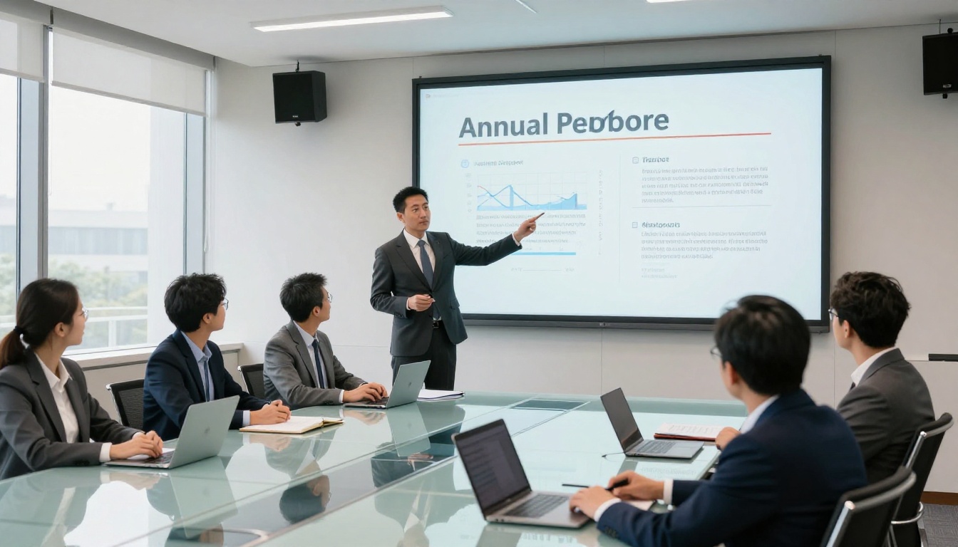 A business professional presenting a corporate annual report as a flipbook on a large conference room screen, colleagues seated around a glass table A business professional presenting a corporate annual report as a flipbook on a large conference room screen, colleagues seated around a glass table