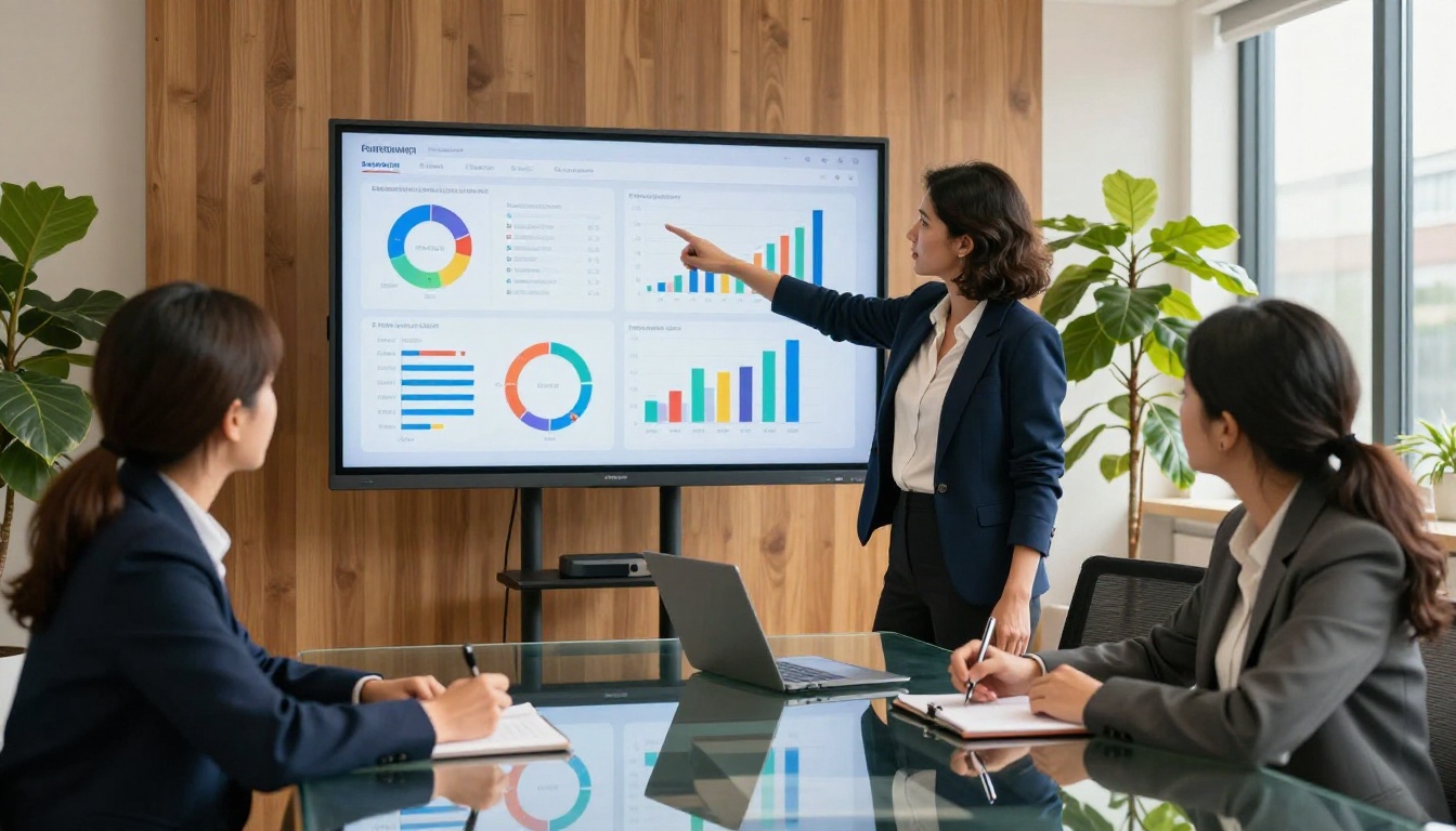 Marketing team reviewing analytics data on a large presentation screen