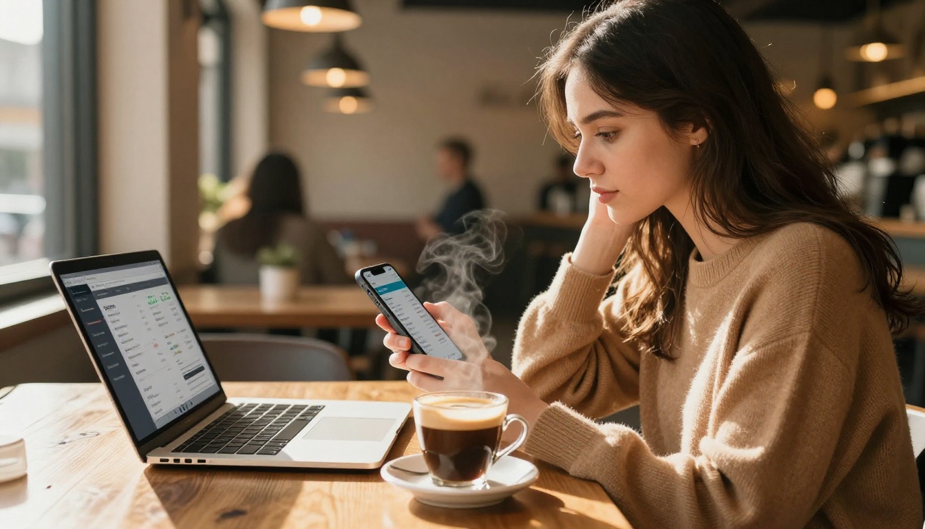 Young marketing professional reviewing analytics on smartphone at café