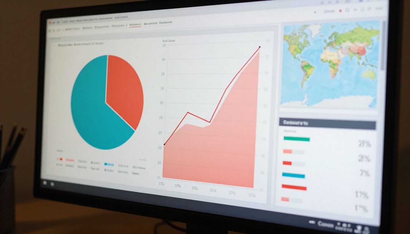 Detailed data visualization dashboard showing analytics charts on computer monitor close-up