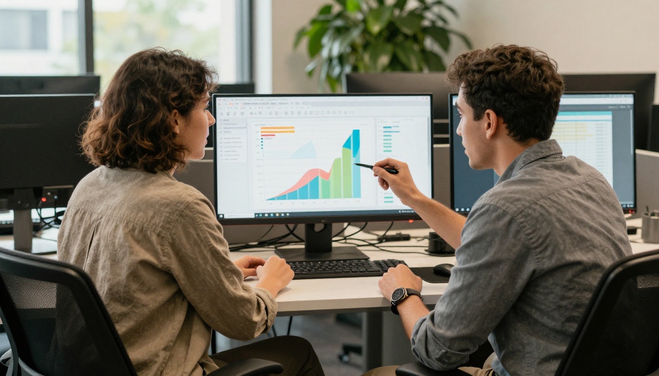 Two marketing professionals collaborating on flipbook analytics data at workstation