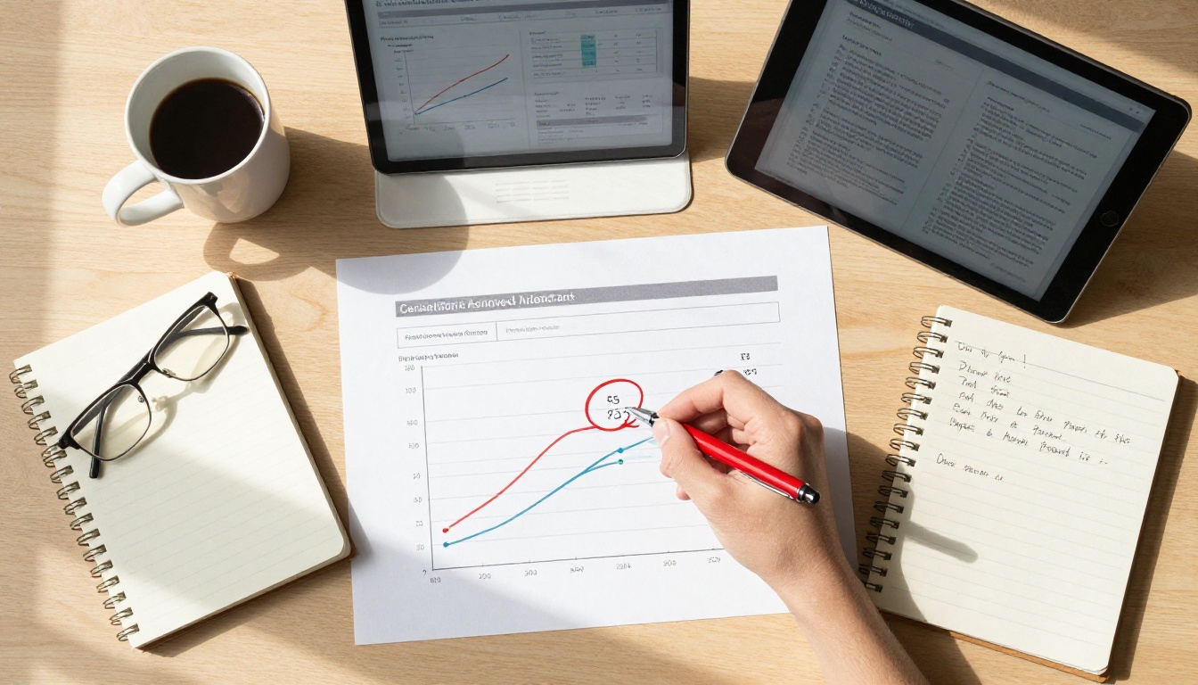 Overhead flat-lay view of analytics report with conversion funnel data being reviewed