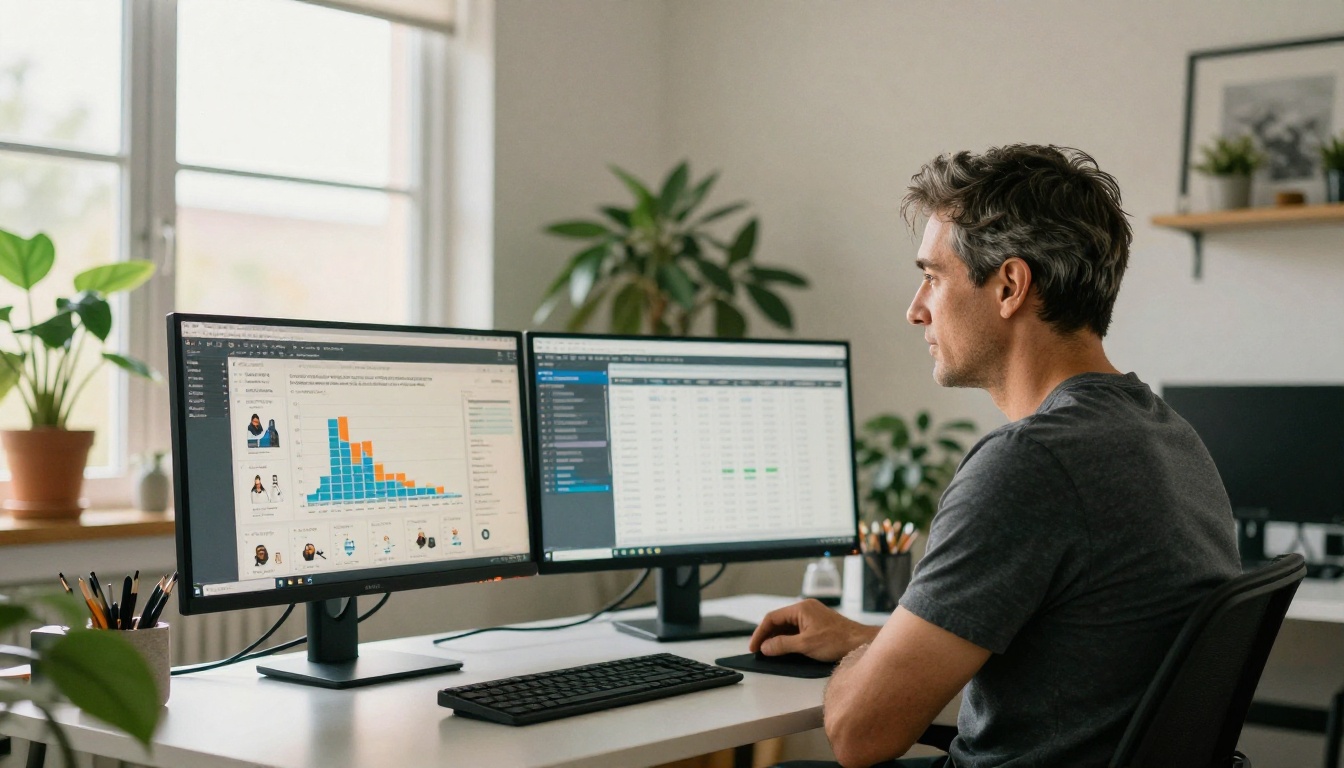 Professional analyst reviewing flipbook heatmaps on dual monitors in modern office