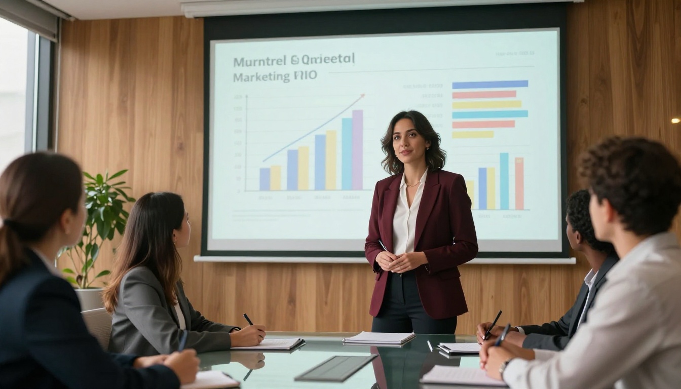 Confident businesswoman presenting flipbook ROI analytics report to boardroom team