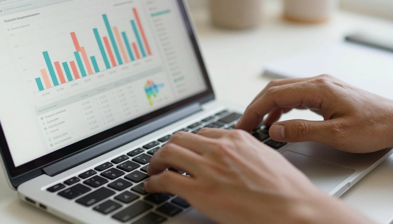 Hands typing on a laptop showing reader analytics dashboard with engagement bar charts