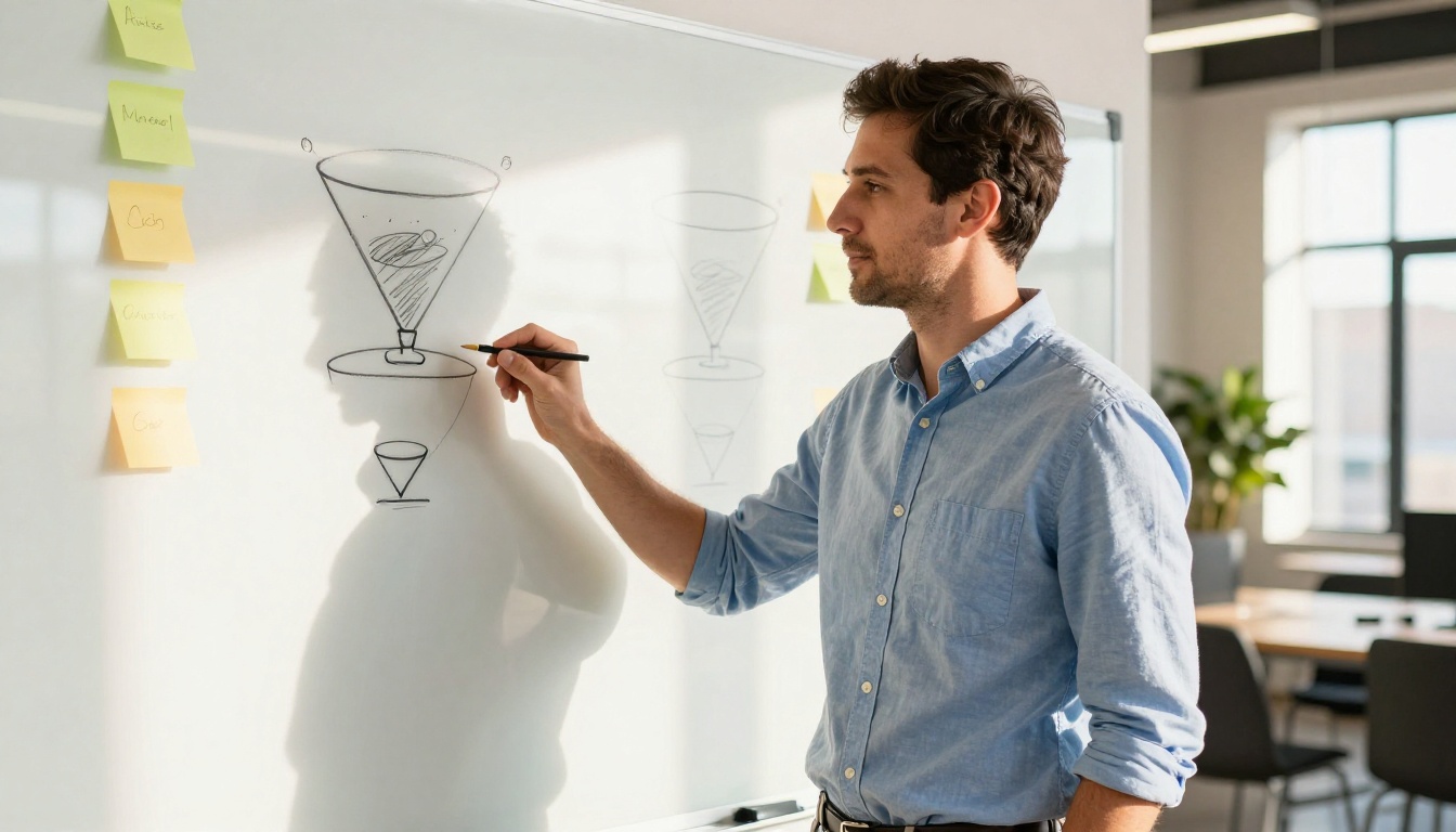 Marketing professional standing at a whiteboard with audience funnel diagrams in a bright co-working space