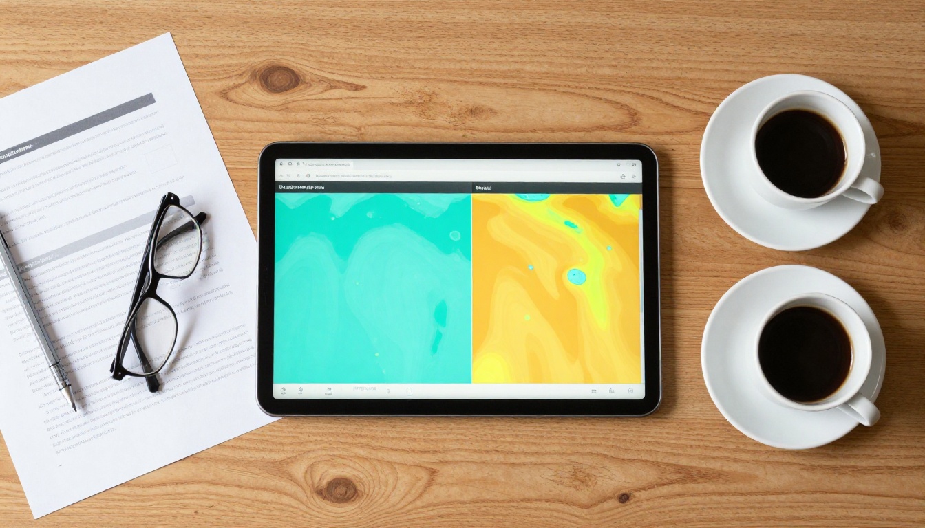 Overhead view of desk with tablet showing document heatmap analytics surrounded by a printed report and espresso cup
