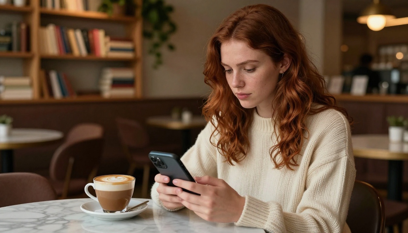 Woman reviewing flipbook reader analytics on smartphone at a marble café table