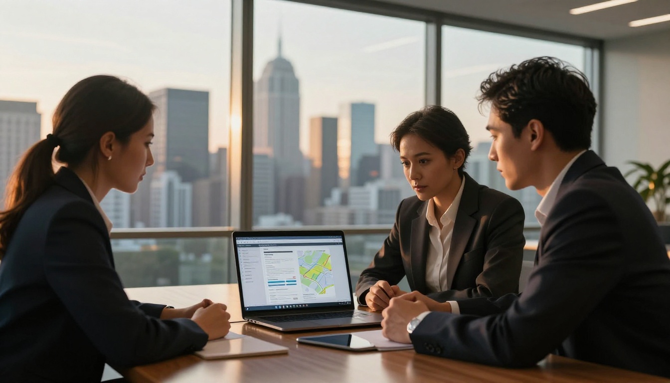 Three business professionals reviewing document reader statistics on a laptop in a glass-walled conference room