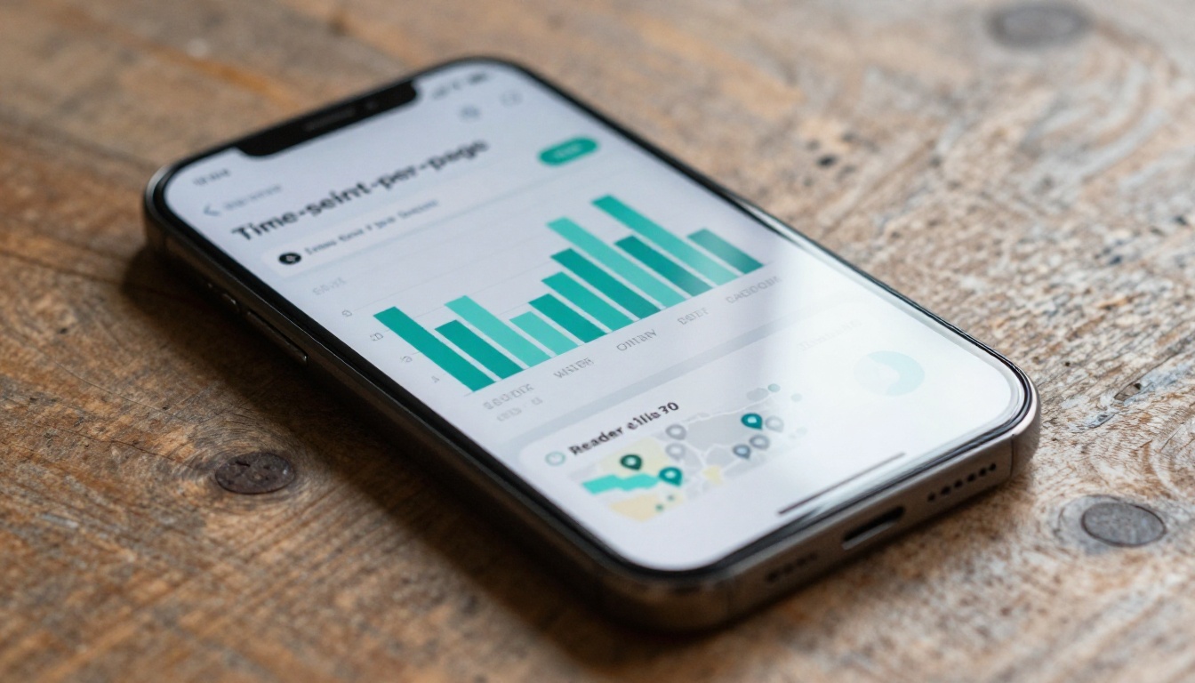 Close-up of smartphone screen showing time-on-page analytics bar chart and reader location map