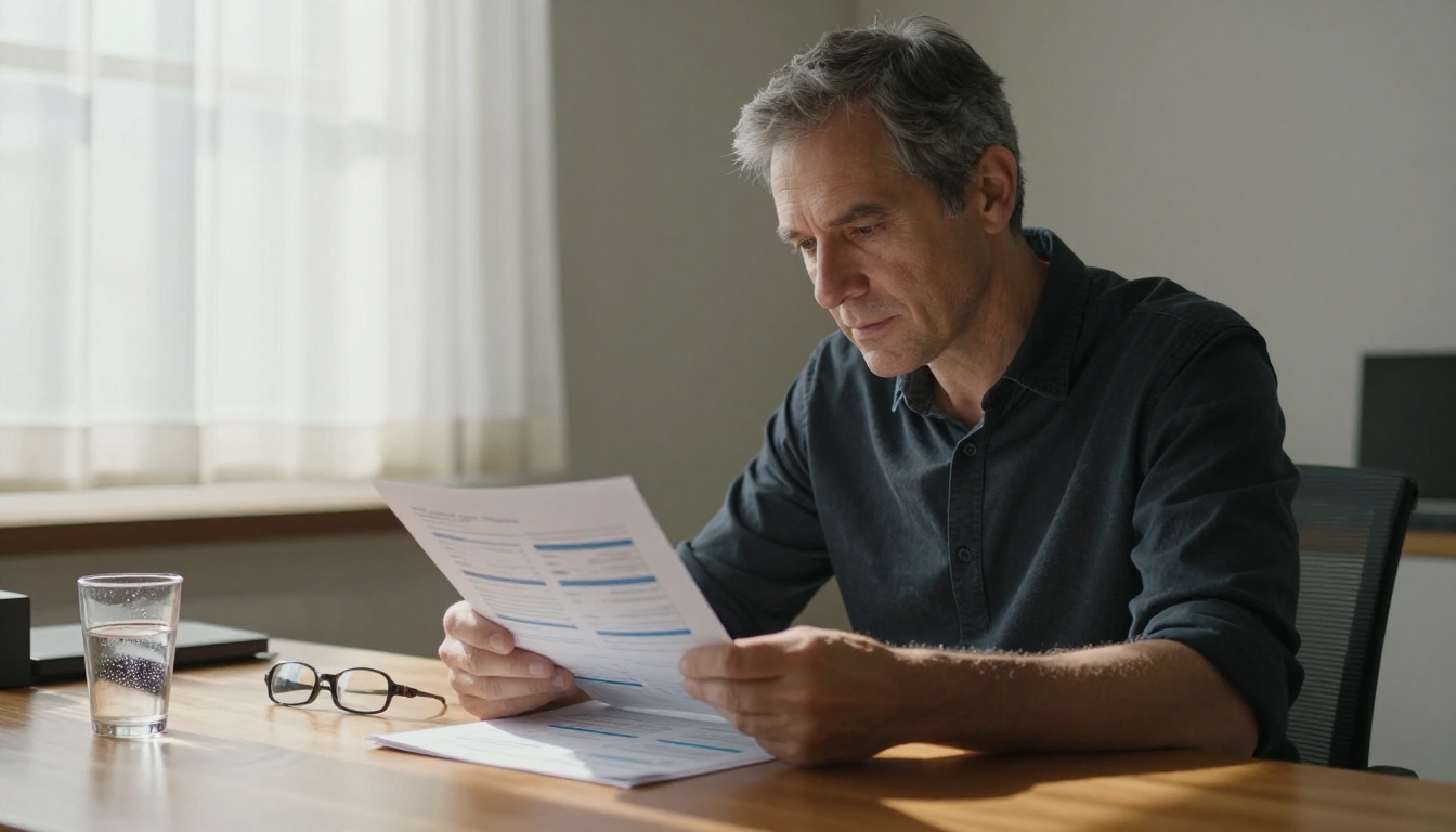 Male professional with salt-and-pepper hair reviewing printed analytics reports at a home office desk