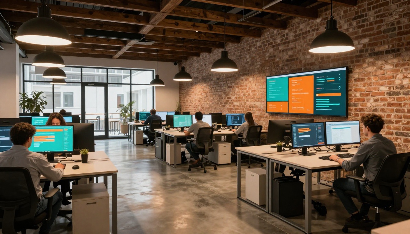 Wide shot of a modern digital marketing agency open office with standing desks and analytics dashboards on screens