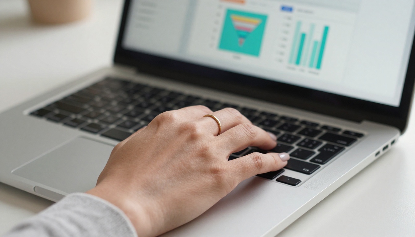 Woman's hand with gold ring using a laptop trackpad with a reader engagement funnel report visible on screen