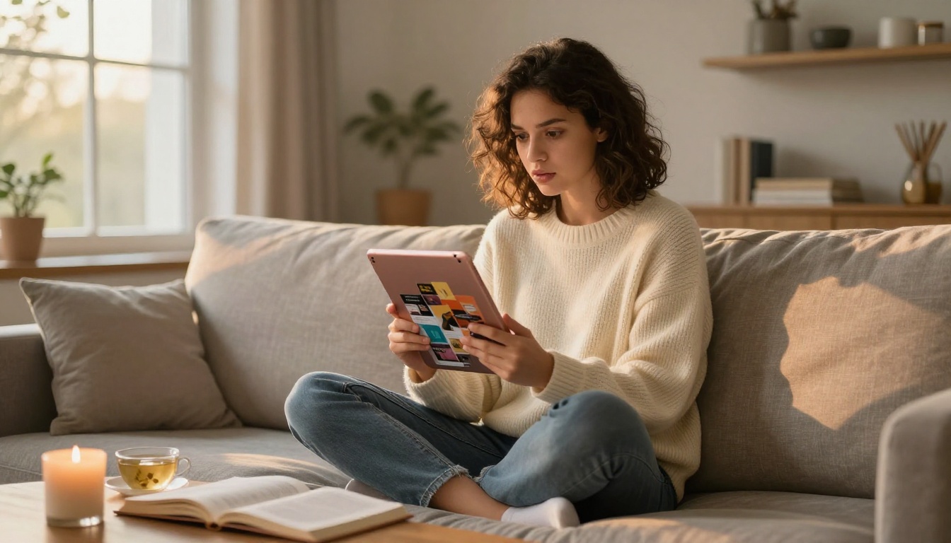 Young woman reading a digital flipbook on a tablet in her living room