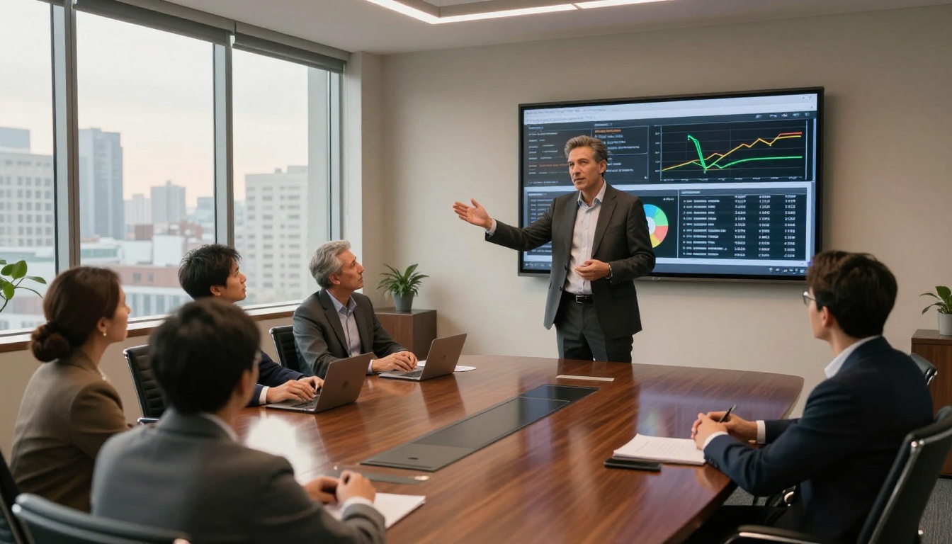 Executive presenting digital publication performance data in a boardroom