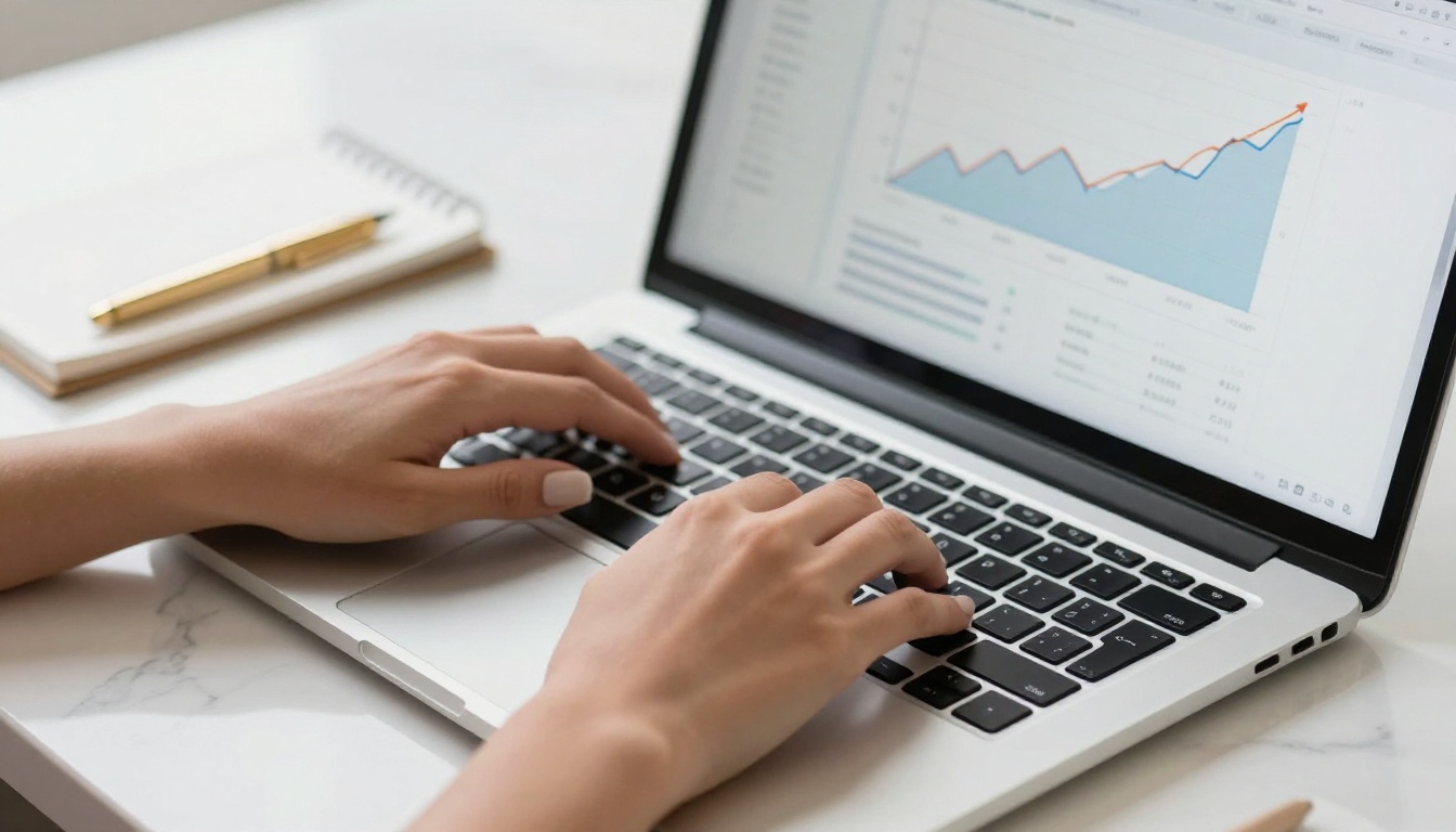 Hands typing on MacBook keyboard with analytics dashboard visible on screen