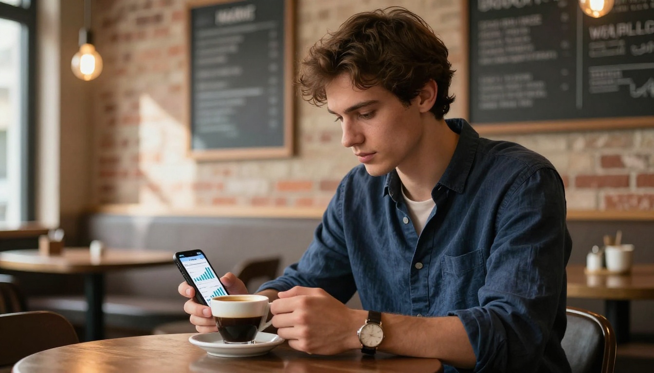 Entrepreneur reviewing flipbook analytics on his phone at a cafe
