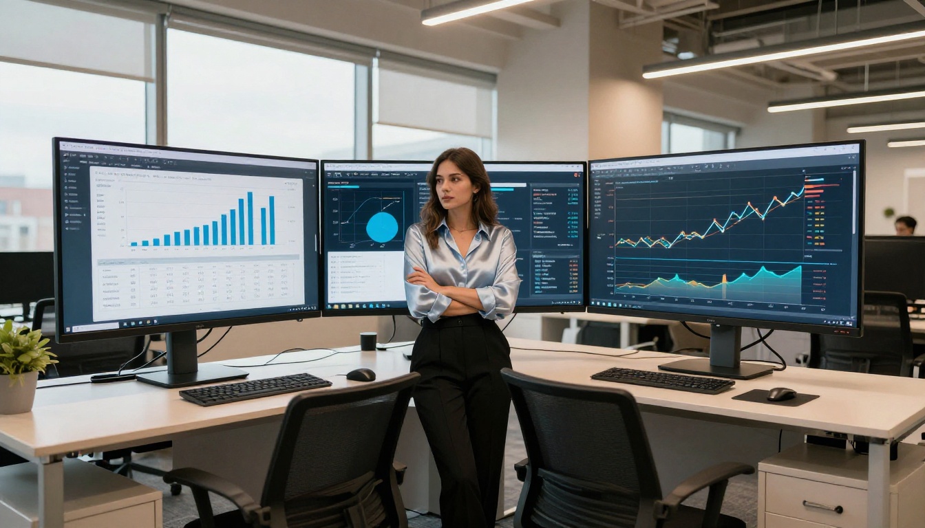 Modern office with multiple screens showing analytics data and digital content