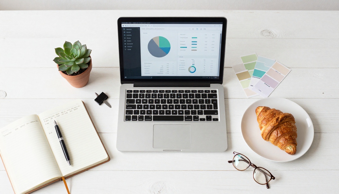Aerial flat lay of a creative workspace with laptop showing analytics report