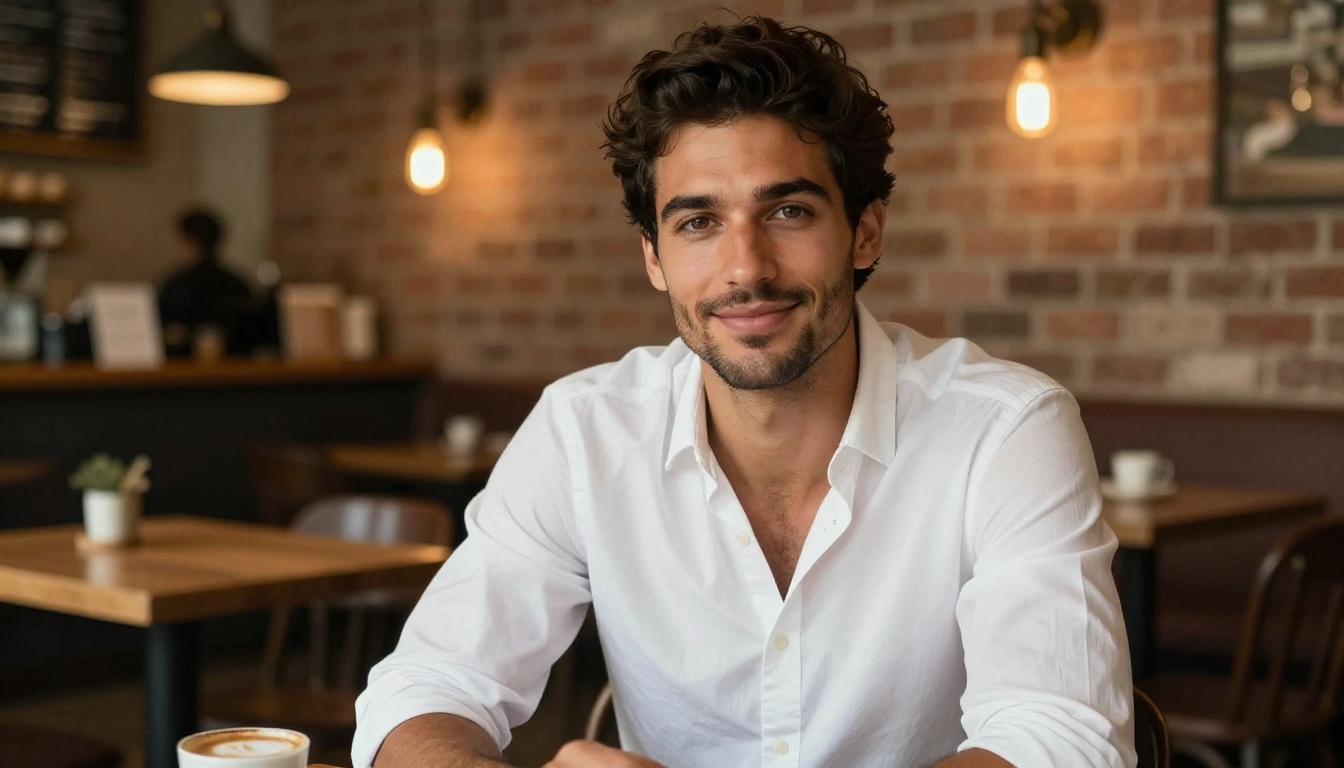 A handsome dark-haired man with warm brown eyes, sitting in a cozy coffee shop with a genuine inviting smile