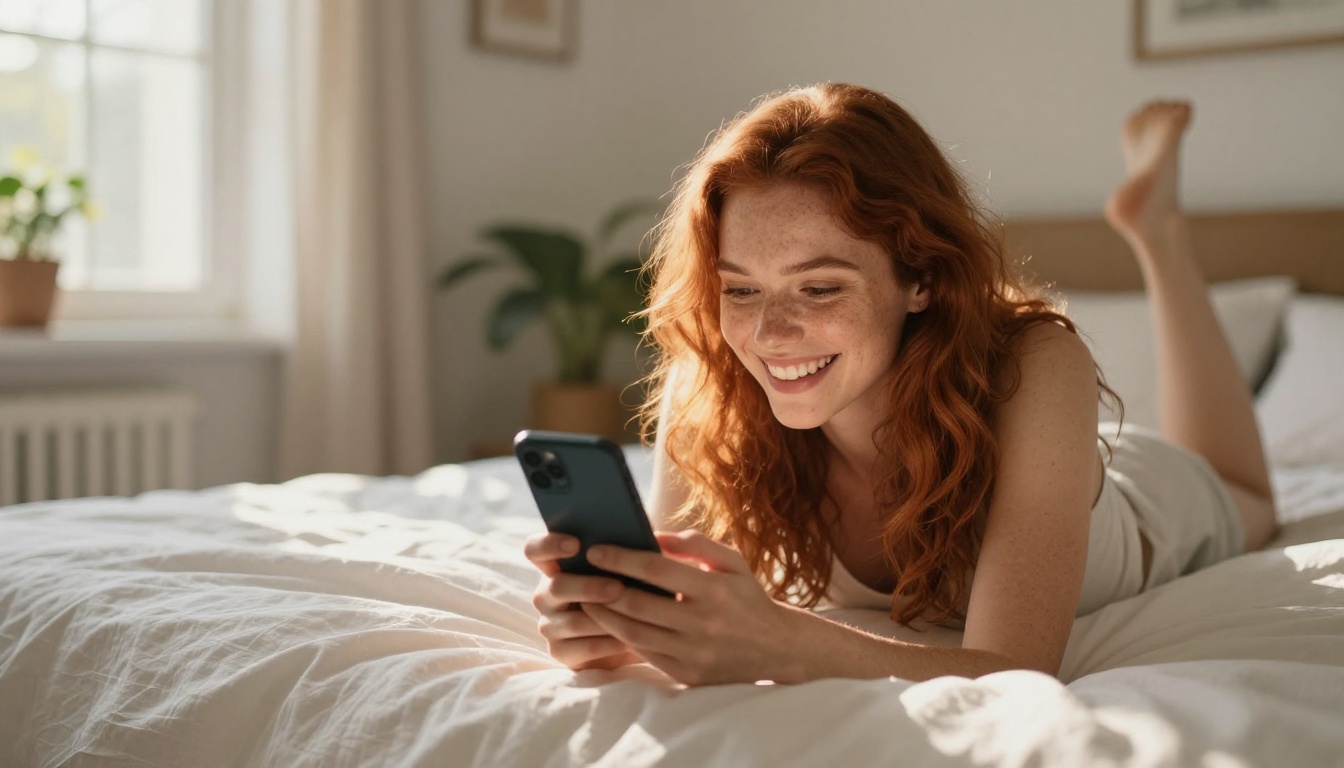 A woman with auburn hair lying on her bed, smiling with delight while reading messages on her phone