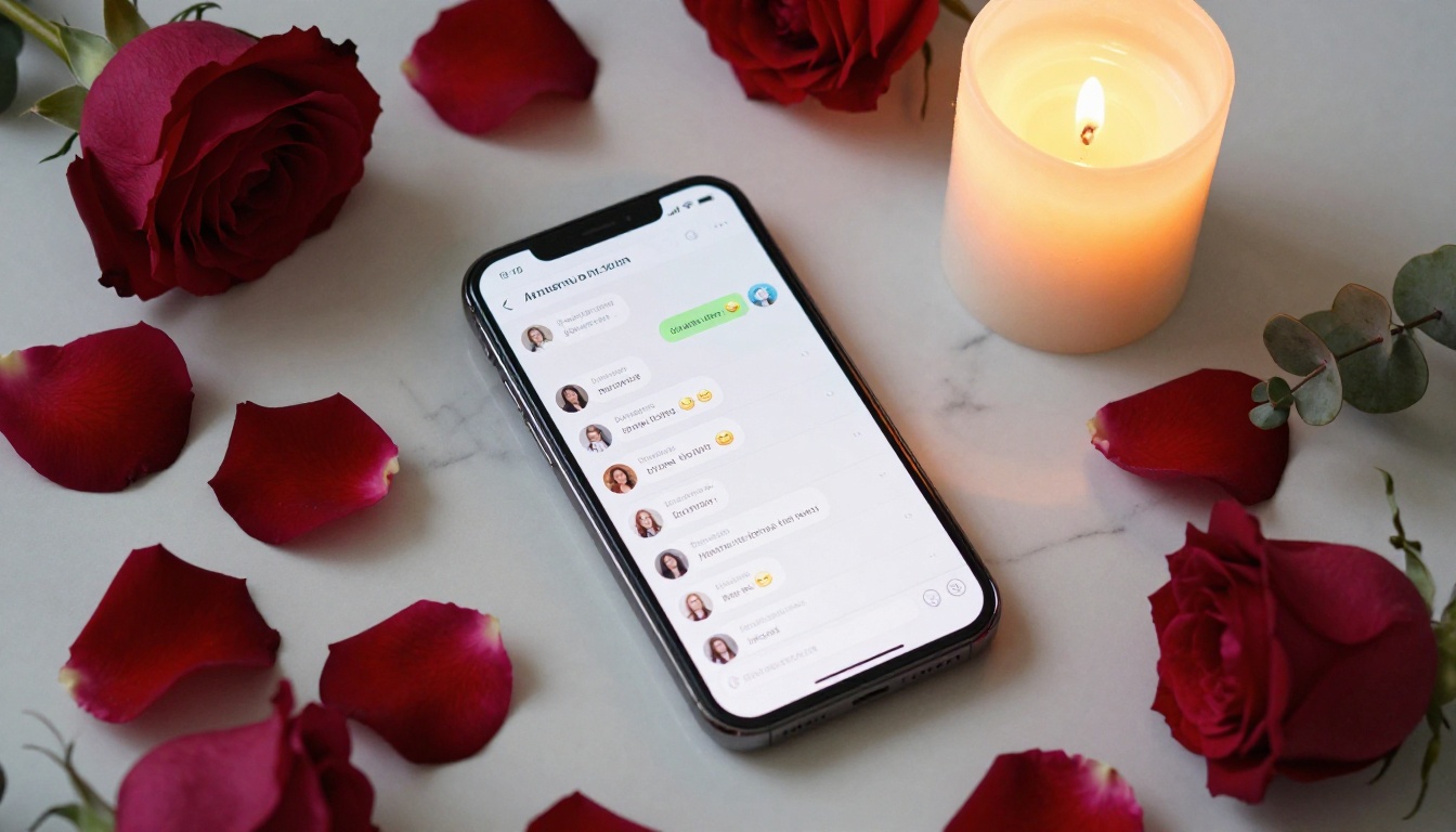 A sleek smartphone surrounded by rose petals and a candle on a marble table showing an intimate chat interface